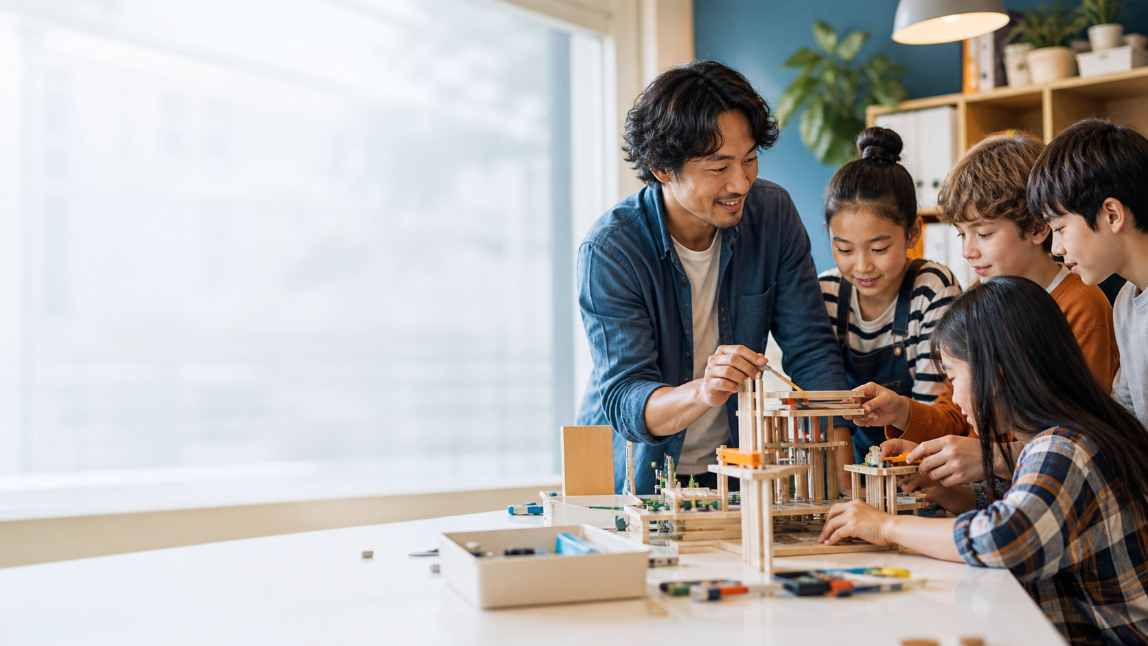 明るい教室で学ぶ先生と生徒